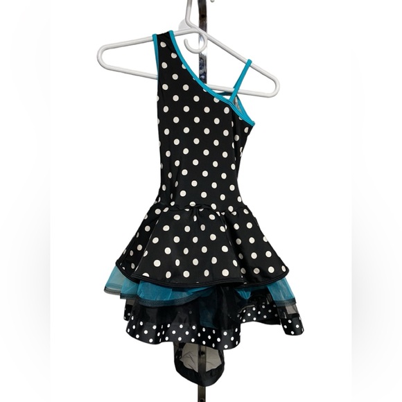 Child’s polka dot dance costume black white & teal size medium built in shorts - Picture 2 of 3